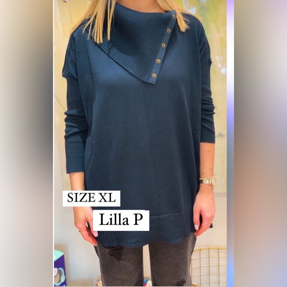 NWT Lilla P Cotton Modal 3/4 Sleeve Snap Neck Tunic Sweater in Deep Sea